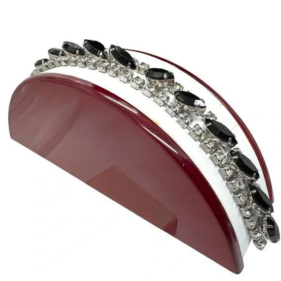 Vintage Domed Black Glass Marquis & Clear Rhinestone Bracelet - Picture 1 of 10